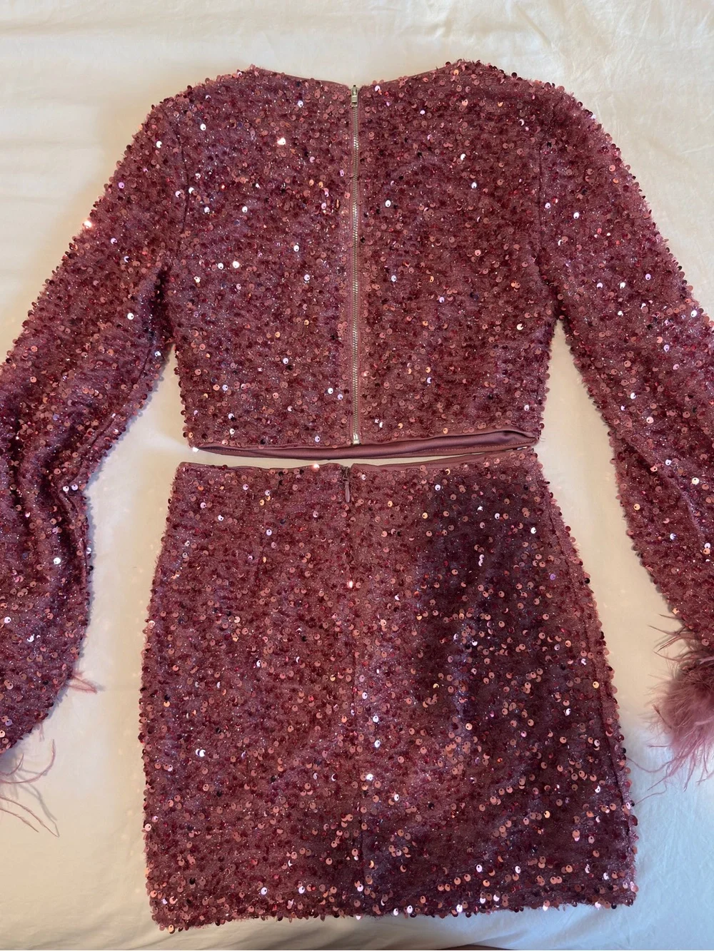 Feather Trim Mauve Sequin Two-Piece Crop Top & Mini Skirt Set